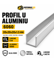 Profil U aluminiu 20 x 20 x 20 x 1.5 mm, 6 metri